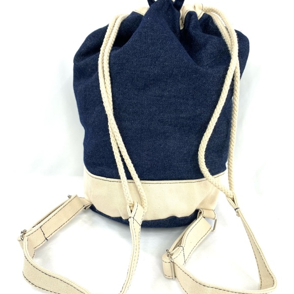 Unbranded Blue Denim Unisex Medium Backpack Cream Straps Trim Zip Pouch Included - Picture 4 of 9